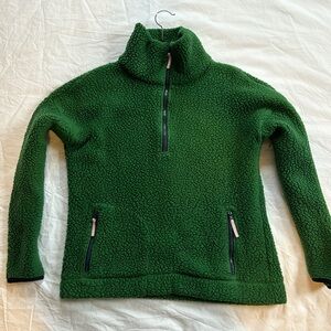 J.Crew Fleece Pullover Sweater | size Medium | Green w/ navy piping & pink pulls